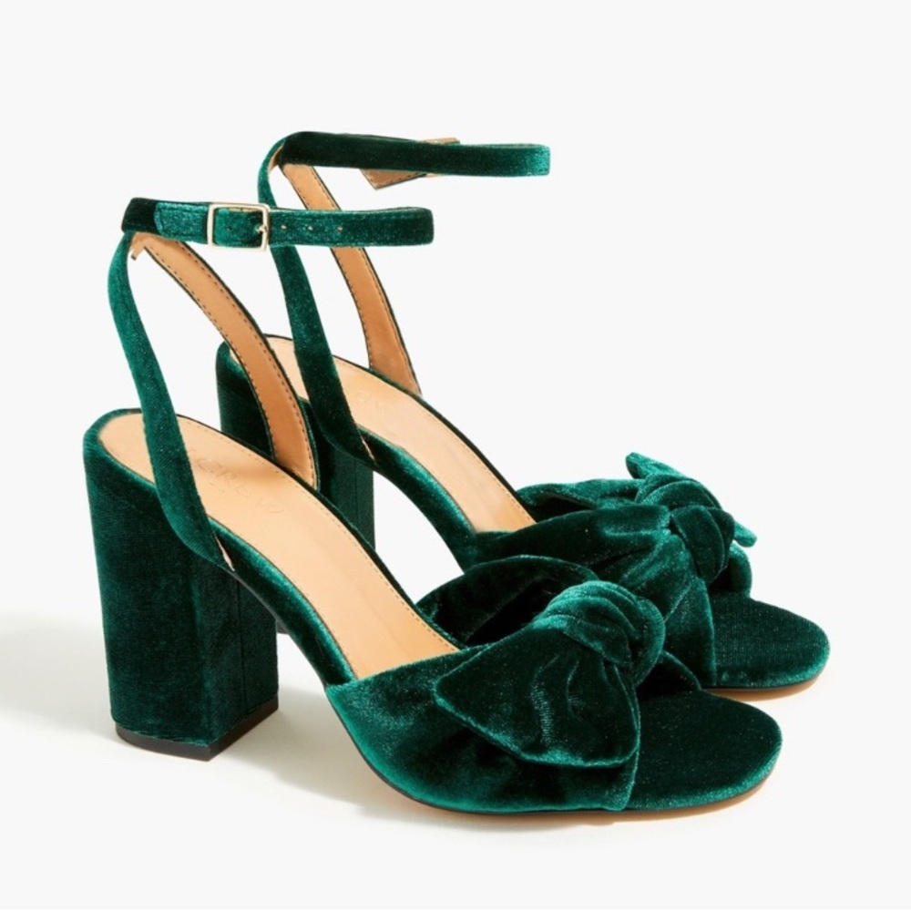 J Crew green velvet heels with bow detail, sz 8.5
